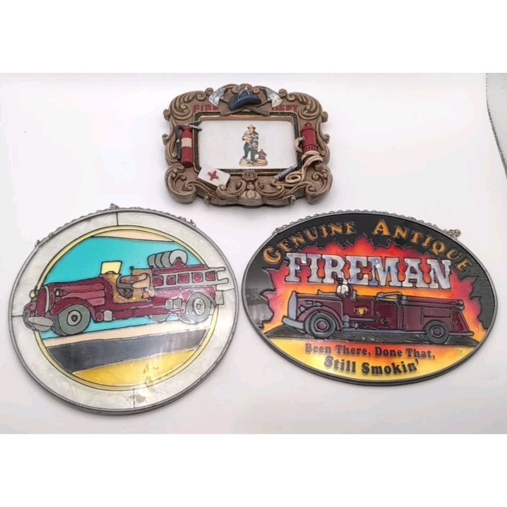 Genuine Antique Fireman Picture‎ Frame Stained Glass (Gift For Your Fireman) Lot